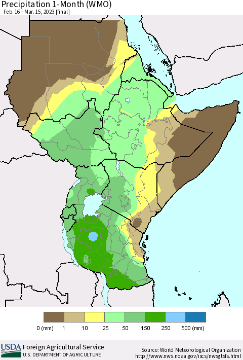 Eastern Africa Precipitation 1-Month (WMO) Thematic Map For 2/16/2023 - 3/15/2023