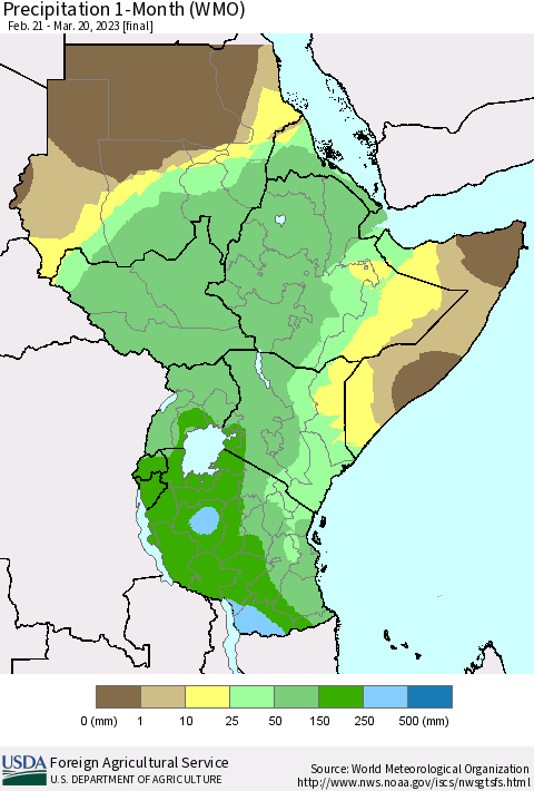 Eastern Africa Precipitation 1-Month (WMO) Thematic Map For 2/21/2023 - 3/20/2023