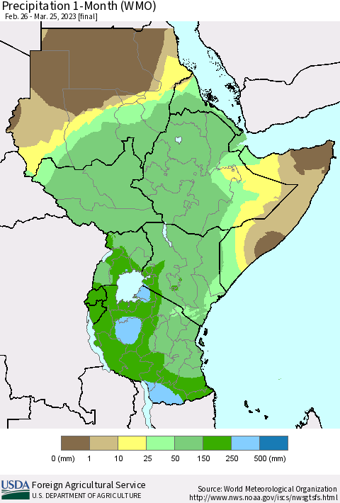 Eastern Africa Precipitation 1-Month (WMO) Thematic Map For 2/26/2023 - 3/25/2023