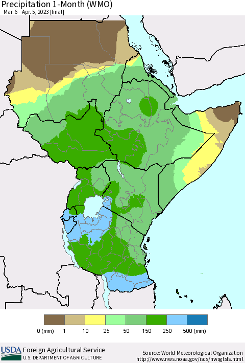 Eastern Africa Precipitation 1-Month (WMO) Thematic Map For 3/6/2023 - 4/5/2023