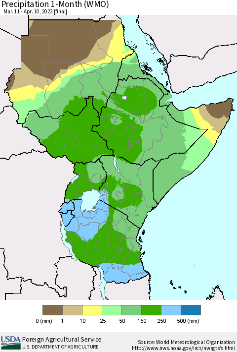 Eastern Africa Precipitation 1-Month (WMO) Thematic Map For 3/11/2023 - 4/10/2023