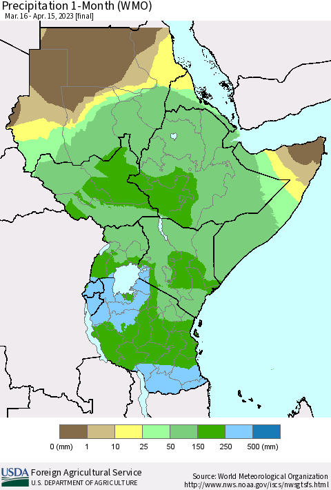 Eastern Africa Precipitation 1-Month (WMO) Thematic Map For 3/16/2023 - 4/15/2023