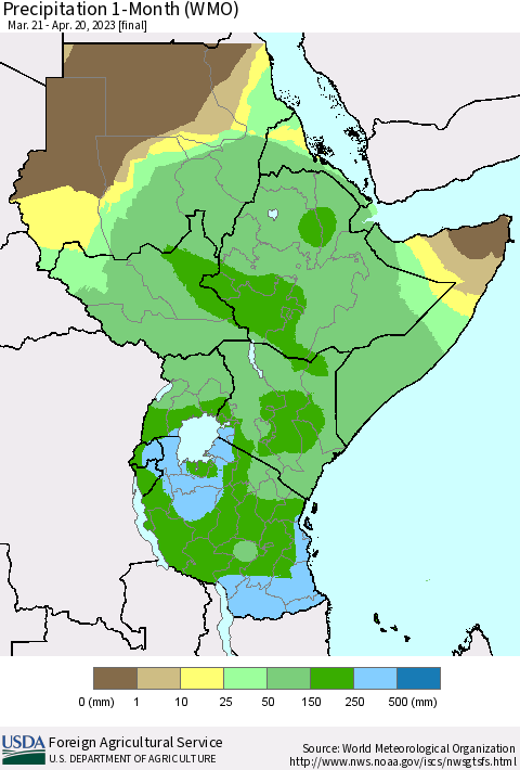 Eastern Africa Precipitation 1-Month (WMO) Thematic Map For 3/21/2023 - 4/20/2023