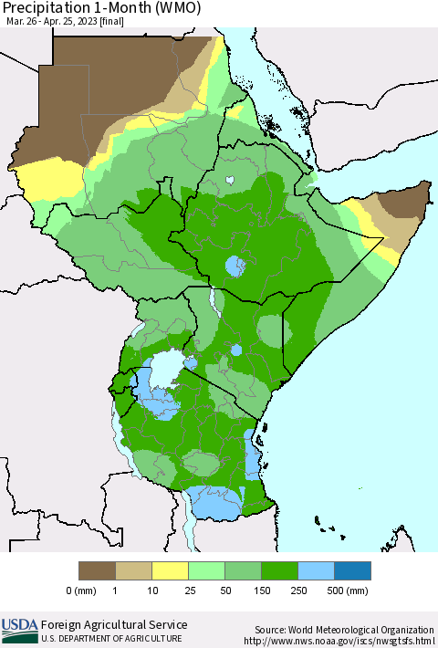 Eastern Africa Precipitation 1-Month (WMO) Thematic Map For 3/26/2023 - 4/25/2023