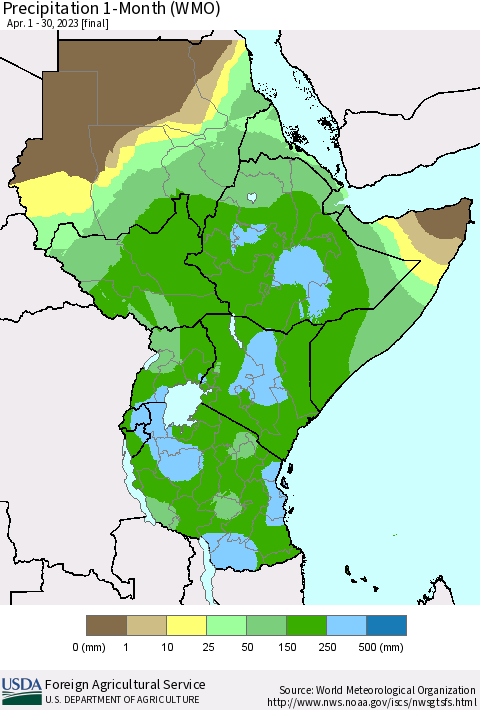 Eastern Africa Precipitation 1-Month (WMO) Thematic Map For 4/1/2023 - 4/30/2023