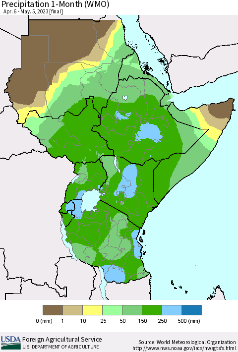 Eastern Africa Precipitation 1-Month (WMO) Thematic Map For 4/6/2023 - 5/5/2023