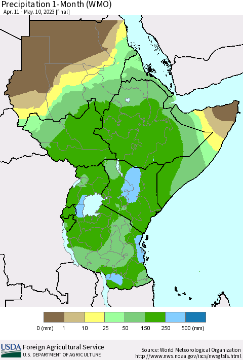 Eastern Africa Precipitation 1-Month (WMO) Thematic Map For 4/11/2023 - 5/10/2023