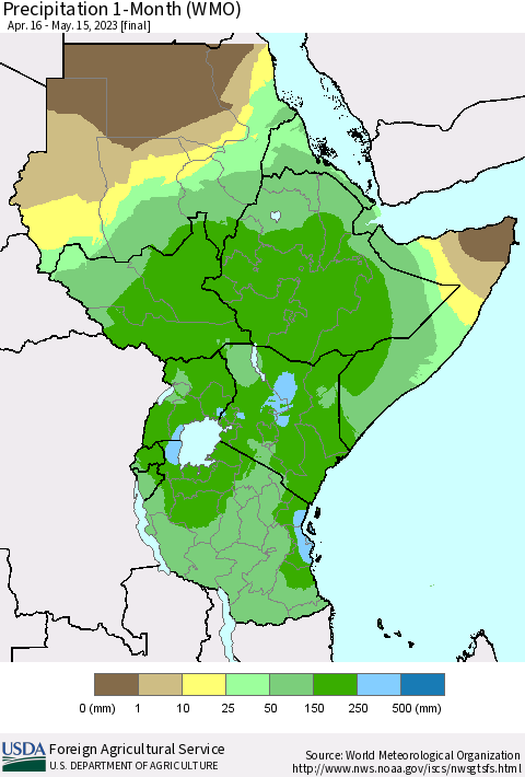 Eastern Africa Precipitation 1-Month (WMO) Thematic Map For 4/16/2023 - 5/15/2023