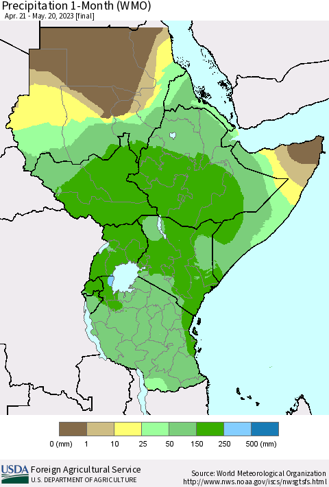 Eastern Africa Precipitation 1-Month (WMO) Thematic Map For 4/21/2023 - 5/20/2023