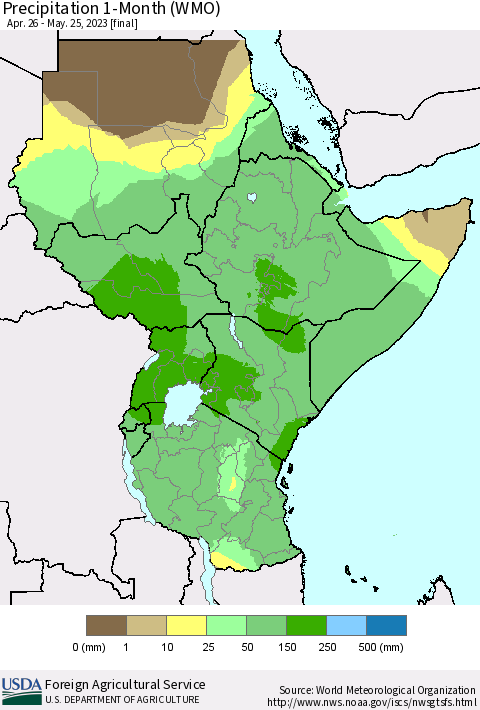 Eastern Africa Precipitation 1-Month (WMO) Thematic Map For 4/26/2023 - 5/25/2023