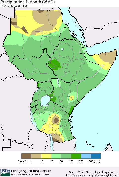 Eastern Africa Precipitation 1-Month (WMO) Thematic Map For 5/1/2023 - 5/31/2023