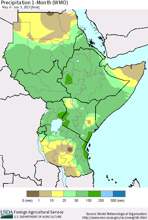 Eastern Africa Precipitation 1-Month (WMO) Thematic Map For 5/6/2023 - 6/5/2023