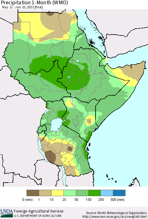 Eastern Africa Precipitation 1-Month (WMO) Thematic Map For 5/11/2023 - 6/10/2023