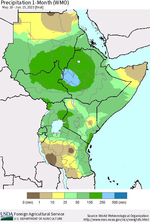 Eastern Africa Precipitation 1-Month (WMO) Thematic Map For 5/16/2023 - 6/15/2023