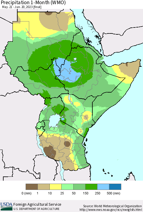 Eastern Africa Precipitation 1-Month (WMO) Thematic Map For 5/21/2023 - 6/20/2023