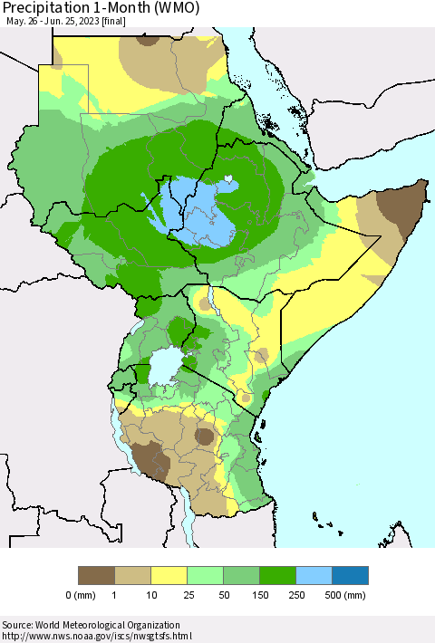 Eastern Africa Precipitation 1-Month (WMO) Thematic Map For 5/26/2023 - 6/25/2023