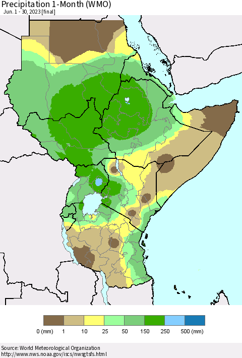 Eastern Africa Precipitation 1-Month (WMO) Thematic Map For 6/1/2023 - 6/30/2023