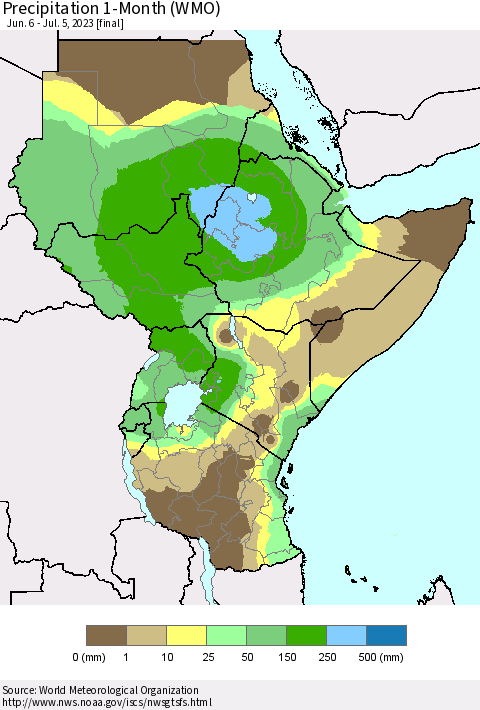 Eastern Africa Precipitation 1-Month (WMO) Thematic Map For 6/6/2023 - 7/5/2023