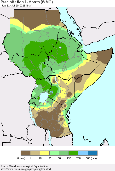 Eastern Africa Precipitation 1-Month (WMO) Thematic Map For 6/11/2023 - 7/10/2023