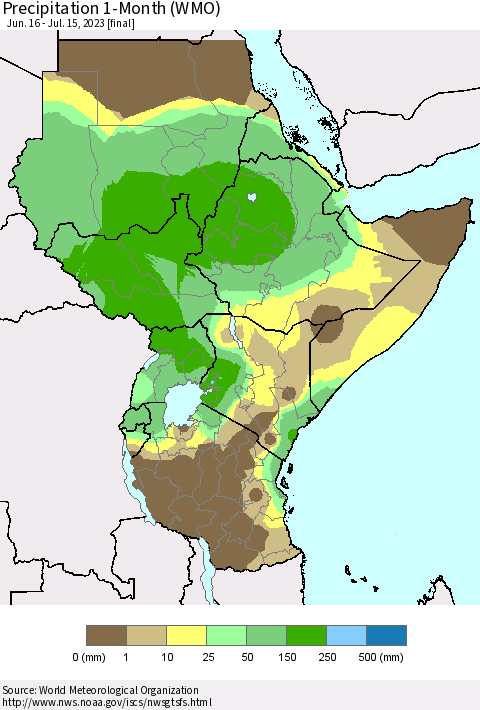 Eastern Africa Precipitation 1-Month (WMO) Thematic Map For 6/16/2023 - 7/15/2023
