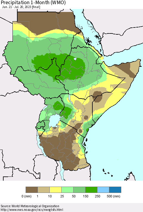 Eastern Africa Precipitation 1-Month (WMO) Thematic Map For 6/21/2023 - 7/20/2023