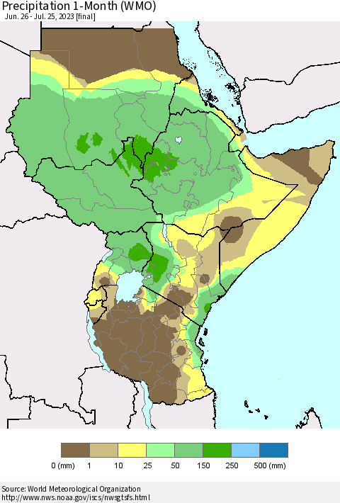 Eastern Africa Precipitation 1-Month (WMO) Thematic Map For 6/26/2023 - 7/25/2023