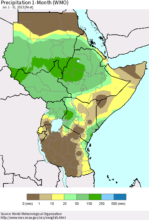 Eastern Africa Precipitation 1-Month (WMO) Thematic Map For 7/1/2023 - 7/31/2023