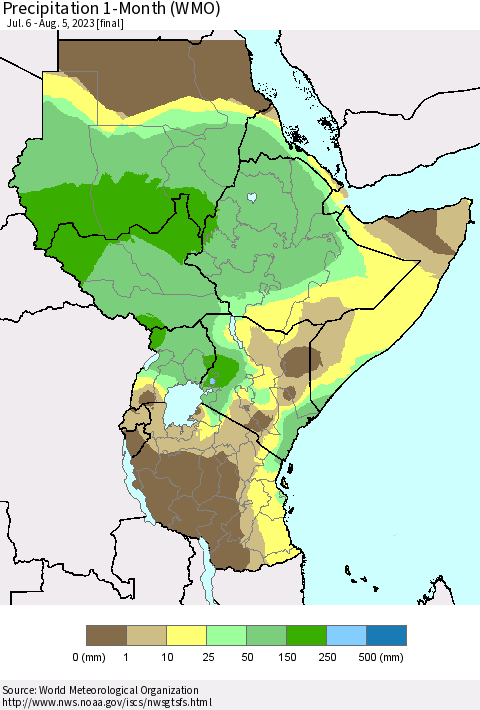 Eastern Africa Precipitation 1-Month (WMO) Thematic Map For 7/6/2023 - 8/5/2023