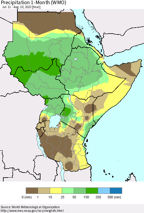 Eastern Africa Precipitation 1-Month (WMO) Thematic Map For 7/11/2023 - 8/10/2023