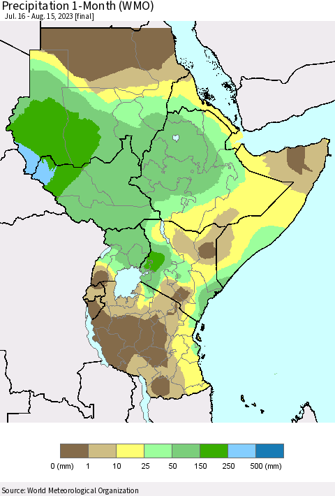 Eastern Africa Precipitation 1-Month (WMO) Thematic Map For 7/16/2023 - 8/15/2023