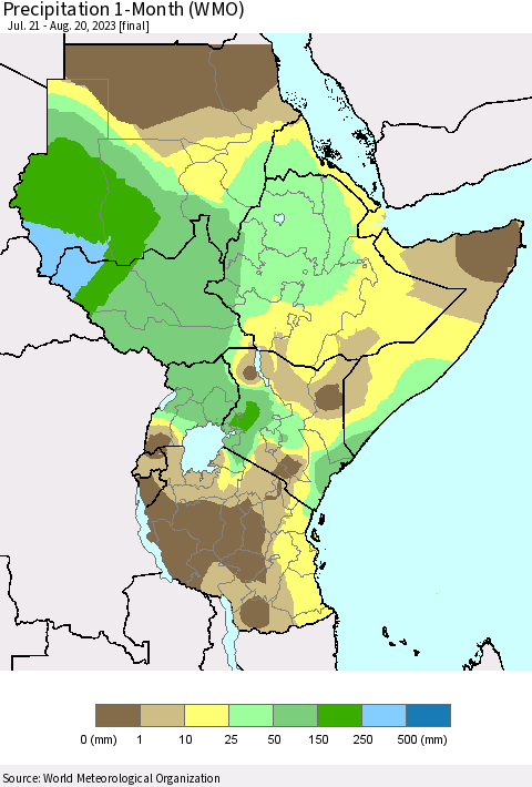 Eastern Africa Precipitation 1-Month (WMO) Thematic Map For 7/21/2023 - 8/20/2023