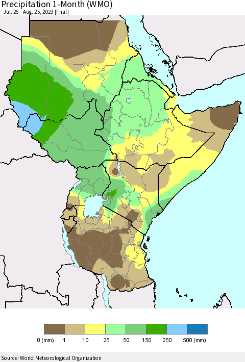 Eastern Africa Precipitation 1-Month (WMO) Thematic Map For 7/26/2023 - 8/25/2023