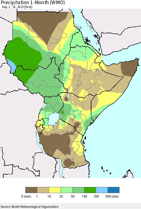 Eastern Africa Precipitation 1-Month (WMO) Thematic Map For 8/1/2023 - 8/31/2023
