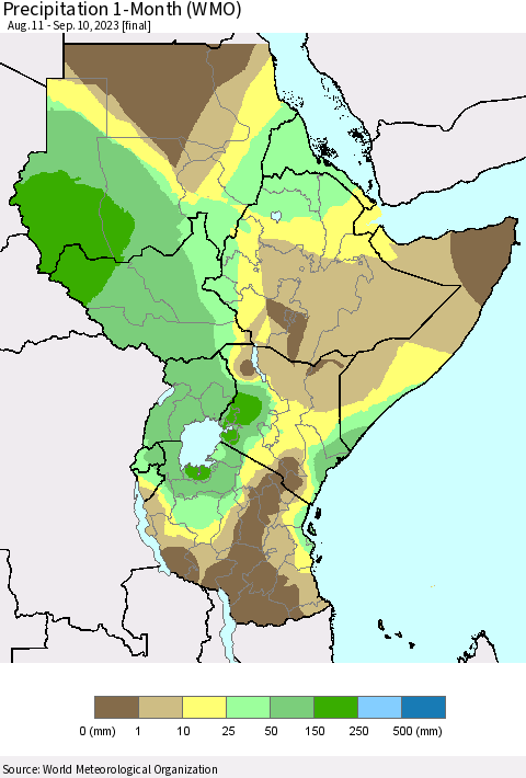Eastern Africa Precipitation 1-Month (WMO) Thematic Map For 8/11/2023 - 9/10/2023