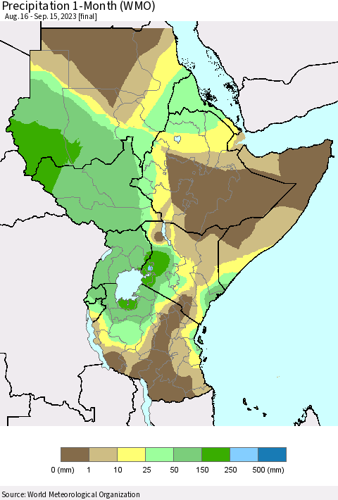 Eastern Africa Precipitation 1-Month (WMO) Thematic Map For 8/16/2023 - 9/15/2023