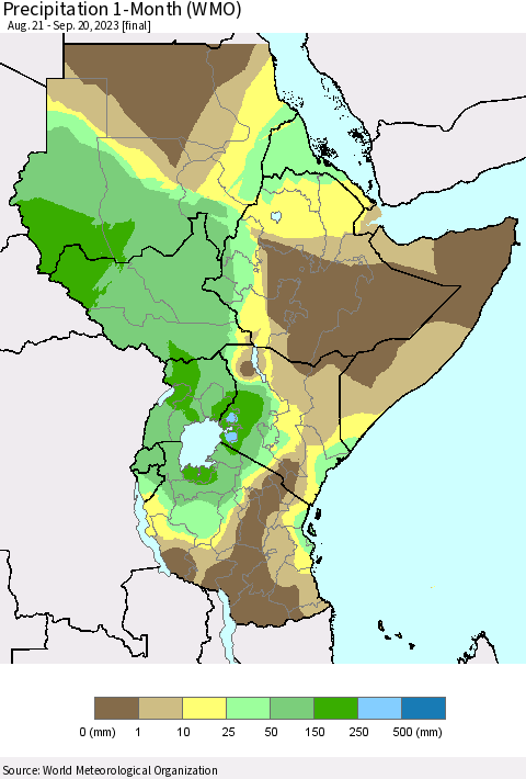 Eastern Africa Precipitation 1-Month (WMO) Thematic Map For 8/21/2023 - 9/20/2023