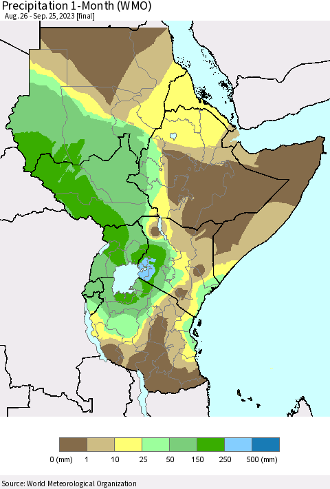 Eastern Africa Precipitation 1-Month (WMO) Thematic Map For 8/26/2023 - 9/25/2023