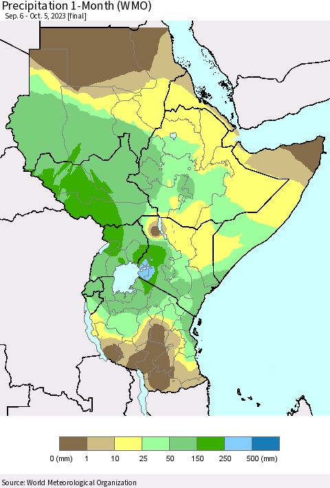 Eastern Africa Precipitation 1-Month (WMO) Thematic Map For 9/6/2023 - 10/5/2023