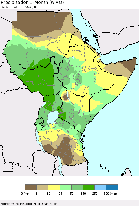 Eastern Africa Precipitation 1-Month (WMO) Thematic Map For 9/11/2023 - 10/10/2023