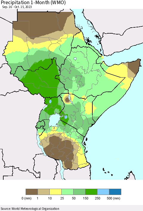 Eastern Africa Precipitation 1-Month (WMO) Thematic Map For 9/16/2023 - 10/15/2023