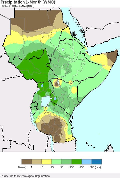 Eastern Africa Precipitation 1-Month (WMO) Thematic Map For 9/16/2023 - 10/15/2023
