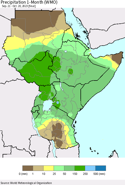 Eastern Africa Precipitation 1-Month (WMO) Thematic Map For 9/21/2023 - 10/20/2023