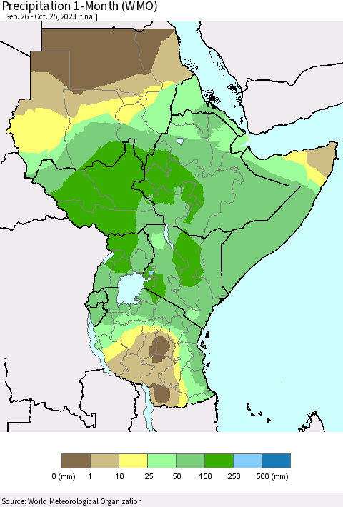 Eastern Africa Precipitation 1-Month (WMO) Thematic Map For 9/26/2023 - 10/25/2023