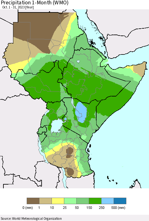 Eastern Africa Precipitation 1-Month (WMO) Thematic Map For 10/1/2023 - 10/31/2023