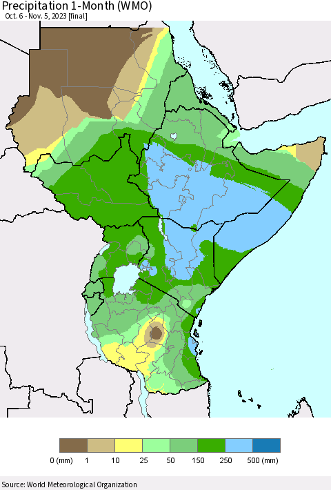 Eastern Africa Precipitation 1-Month (WMO) Thematic Map For 10/6/2023 - 11/5/2023