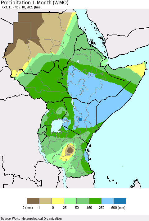 Eastern Africa Precipitation 1-Month (WMO) Thematic Map For 10/11/2023 - 11/10/2023