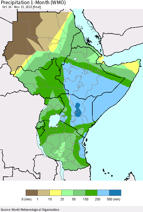 Eastern Africa Precipitation 1-Month (WMO) Thematic Map For 10/16/2023 - 11/15/2023