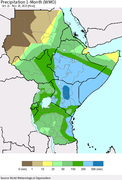 Eastern Africa Precipitation 1-Month (WMO) Thematic Map For 10/21/2023 - 11/20/2023