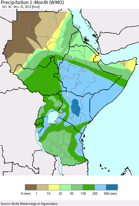 Eastern Africa Precipitation 1-Month (WMO) Thematic Map For 10/26/2023 - 11/25/2023