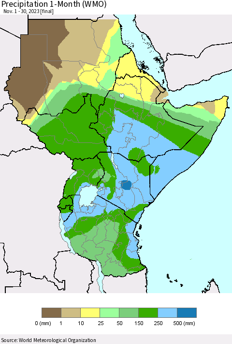 Eastern Africa Precipitation 1-Month (WMO) Thematic Map For 11/1/2023 - 11/30/2023